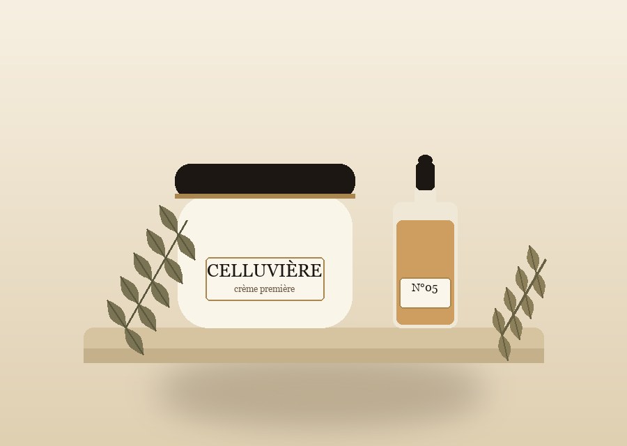 Celluvière Crème Première jar and Concentré Réparateur N°05 on a stone slab with botanical sprigs — warm still-life illustration