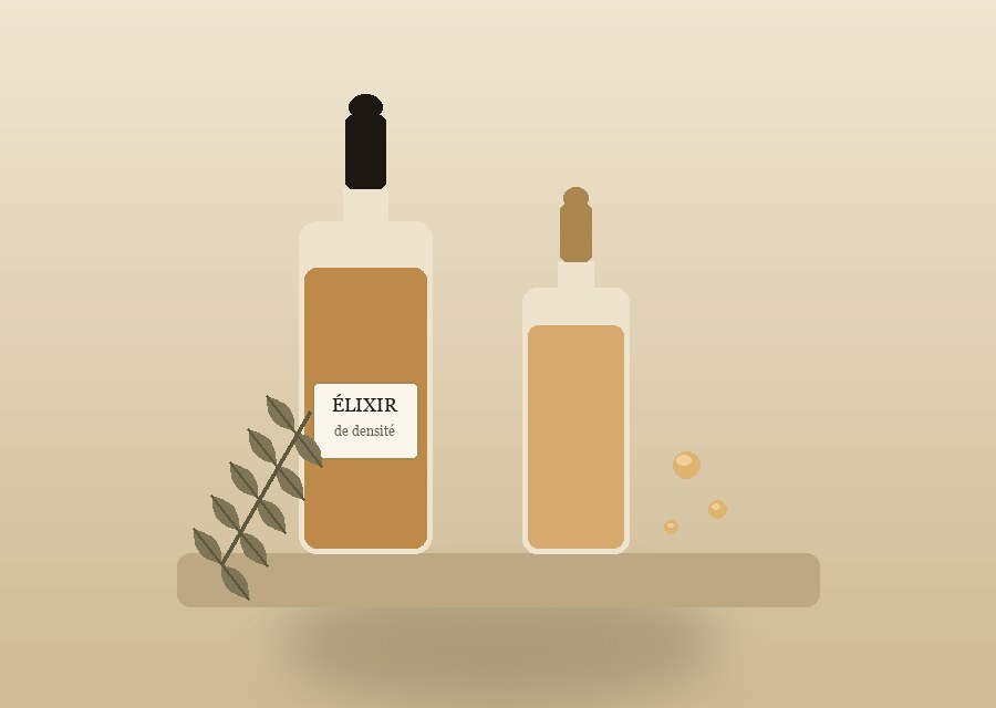 Celluvière Élixir de Densité serum bottles with golden droplets — warm still-life illustration