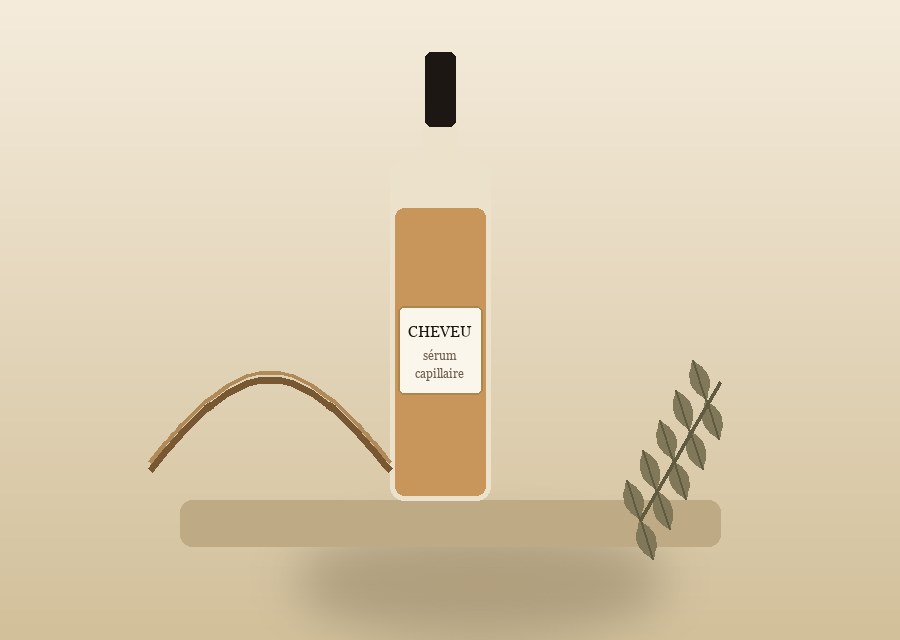 Sérum Cheveu hair elixir bottle with silk ribbon and botanical sprig — warm still-life illustration